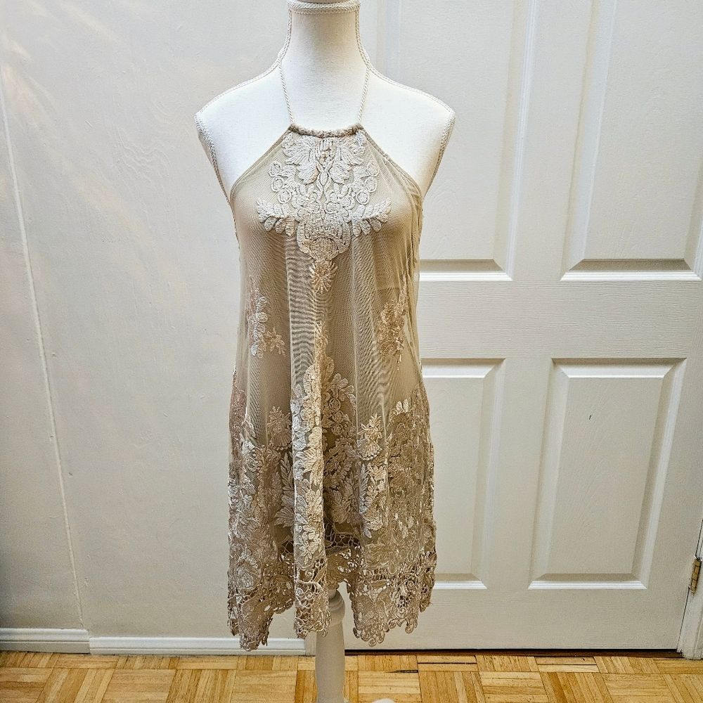 NEW SKY Revolve Cocktail Backless Nude Tan Lace Layered Halter Mini Dress S